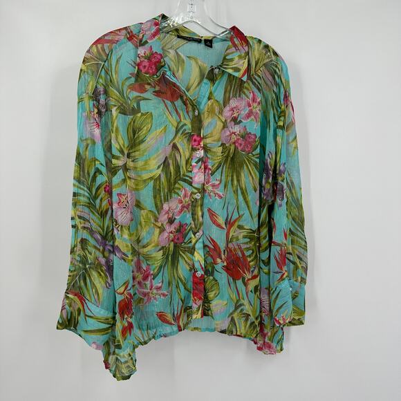 Essentials by Milano Womens Top Size 1X Bloomcore Floral Sheer Tropical Boho - Picture 1 of 7
